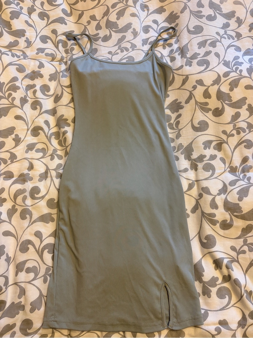 Women’s Olive Green Ribbed Slip Dress with Side Slit